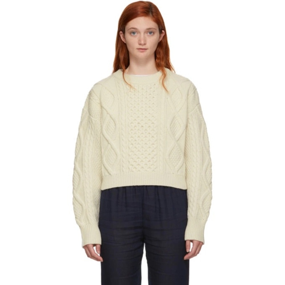 3.1 Phillip Lim 100% Wool Off-White Cropped Boxy Aran Cable Sweater